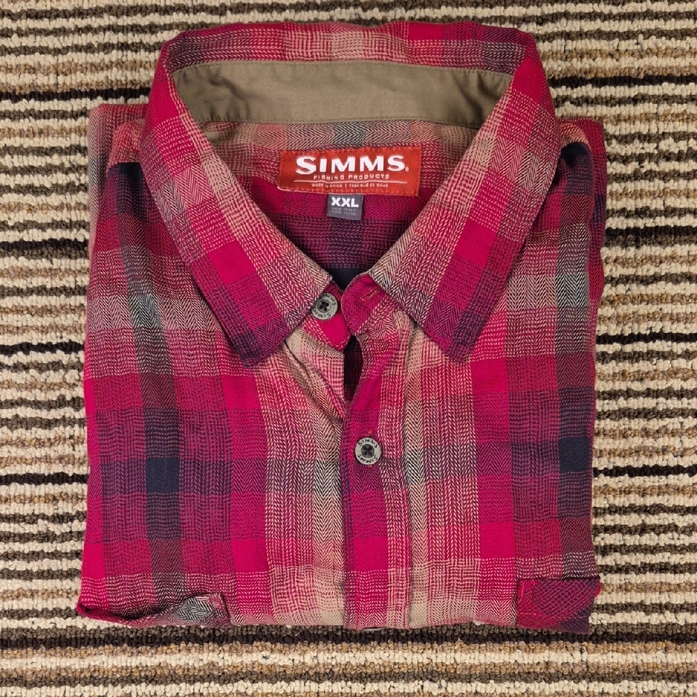 SIMMS Hunting Red Plaid Beige Polyester Blend Flannel XXL Mens Long Sleeve Shirt